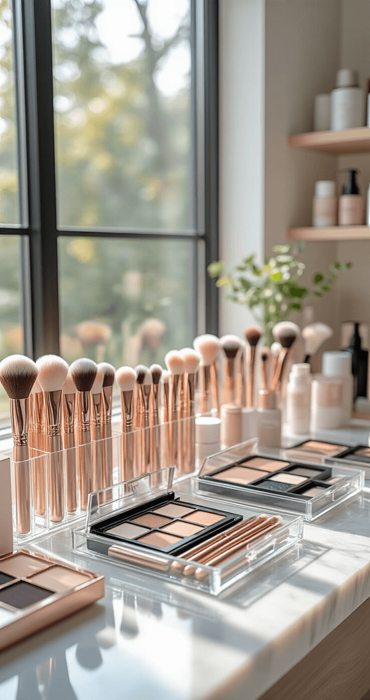 Ultimate Cosplay Makeup Guide: From Beginner to Pro Character Transformations Cozy makeup studio bathed in morning light, showcasing an organized professional makeup station with a close-up of a meticulously arranged collection of rose gold-handled brushes on a white marble counter, highlighting textures and materials through soft beauty lighting.