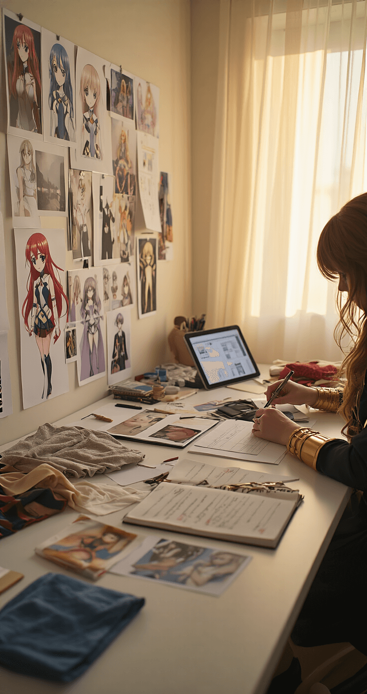 Level Up Your Cosplay Game: A Complete Guide to Dressing to Impress An intimate dressing room bathed in golden hour light, featuring a cosplayer focused on planning their outfit, surrounded by pinned reference images, organized fabric swatches, costume pieces on a large white table, a tablet with character references, and an open budget planning notebook; captured at eye level with shallow depth of field for a cinematic effect.