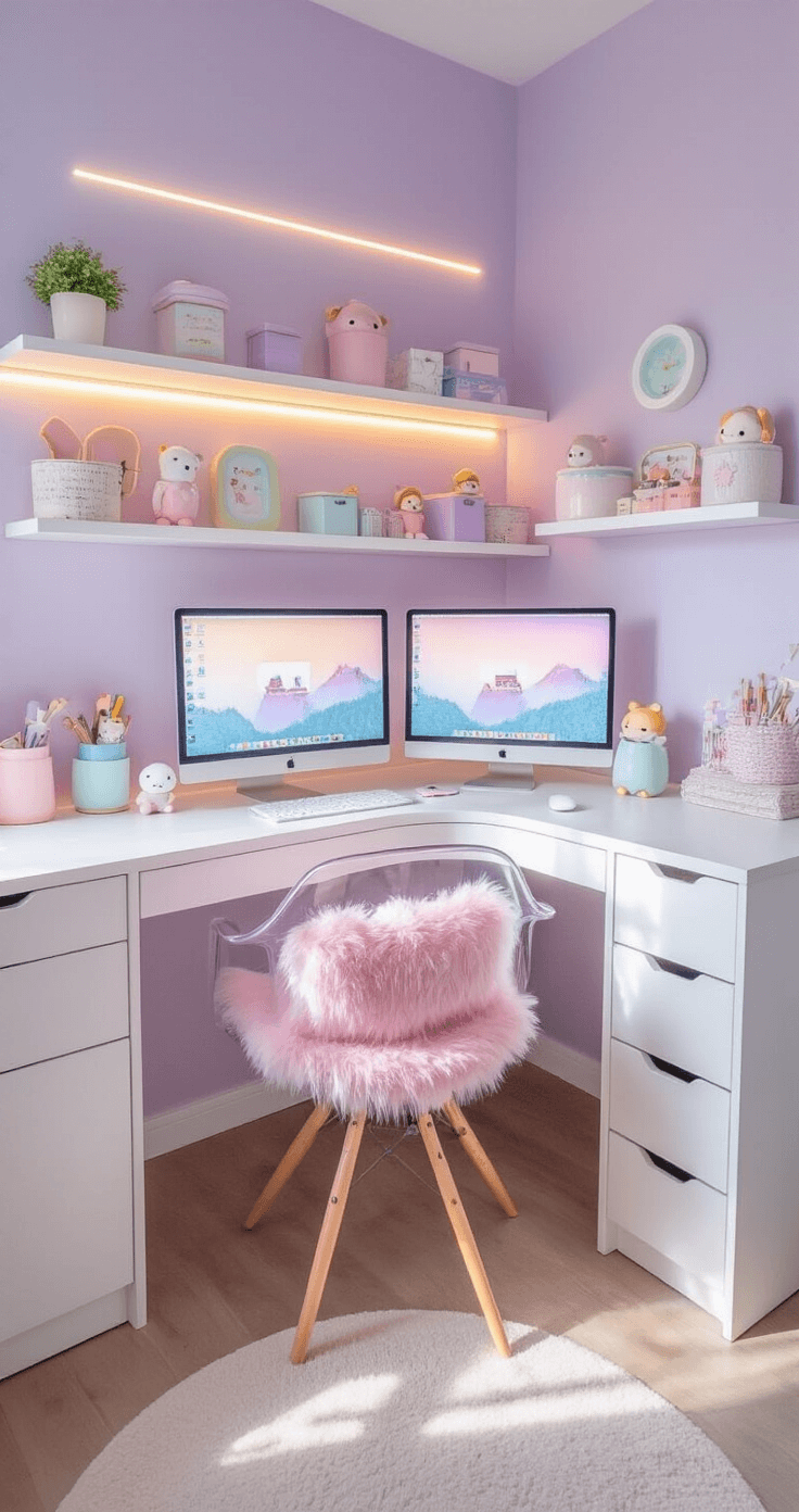 Kawaii Room Decor: Create Your Pastel Paradise of Cuteness and Comfort A cozy corner study nook with a white rounded desk against lavender walls, featuring pastel organization supplies and character figurines on floating shelves, a ghost chair with a fluffy pink cushion, and warm LED strip lighting behind cute sticker-decorated monitors, all bathed in bright, airy afternoon light.