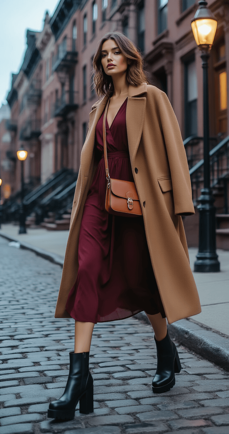 A model strides confidently on a cobblestone sidewalk at dusk, wearing black platform chelsea boots and a flowing burgundy midi dress, with an oversized camel wool coat draped over her shoulders. She carries a vintage-inspired leather crossbody bag, and the shot is taken from a low angle to highlight her boots against a backdrop of historic brownstones illuminated by moody street lamps and blue hour light.