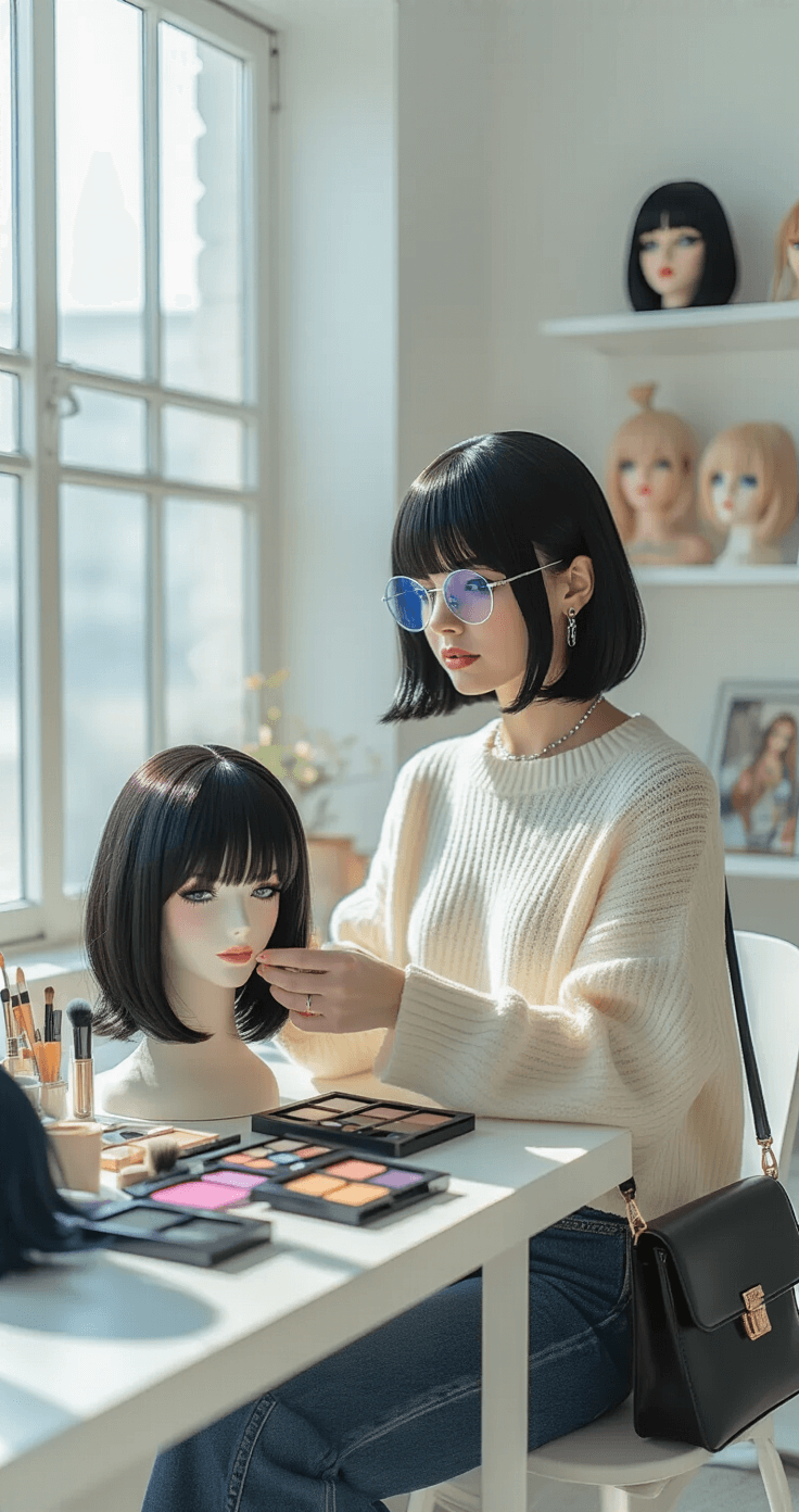 A young woman with sleek black hair in a modern bob arranges colorful cosplay accessories in a bright, minimalist studio, wearing a cream oversized sweater and high-waisted jeans. She examines a black wig with focused concentration, surrounded by makeup palettes and character props, with soft natural light illuminating the organized space.