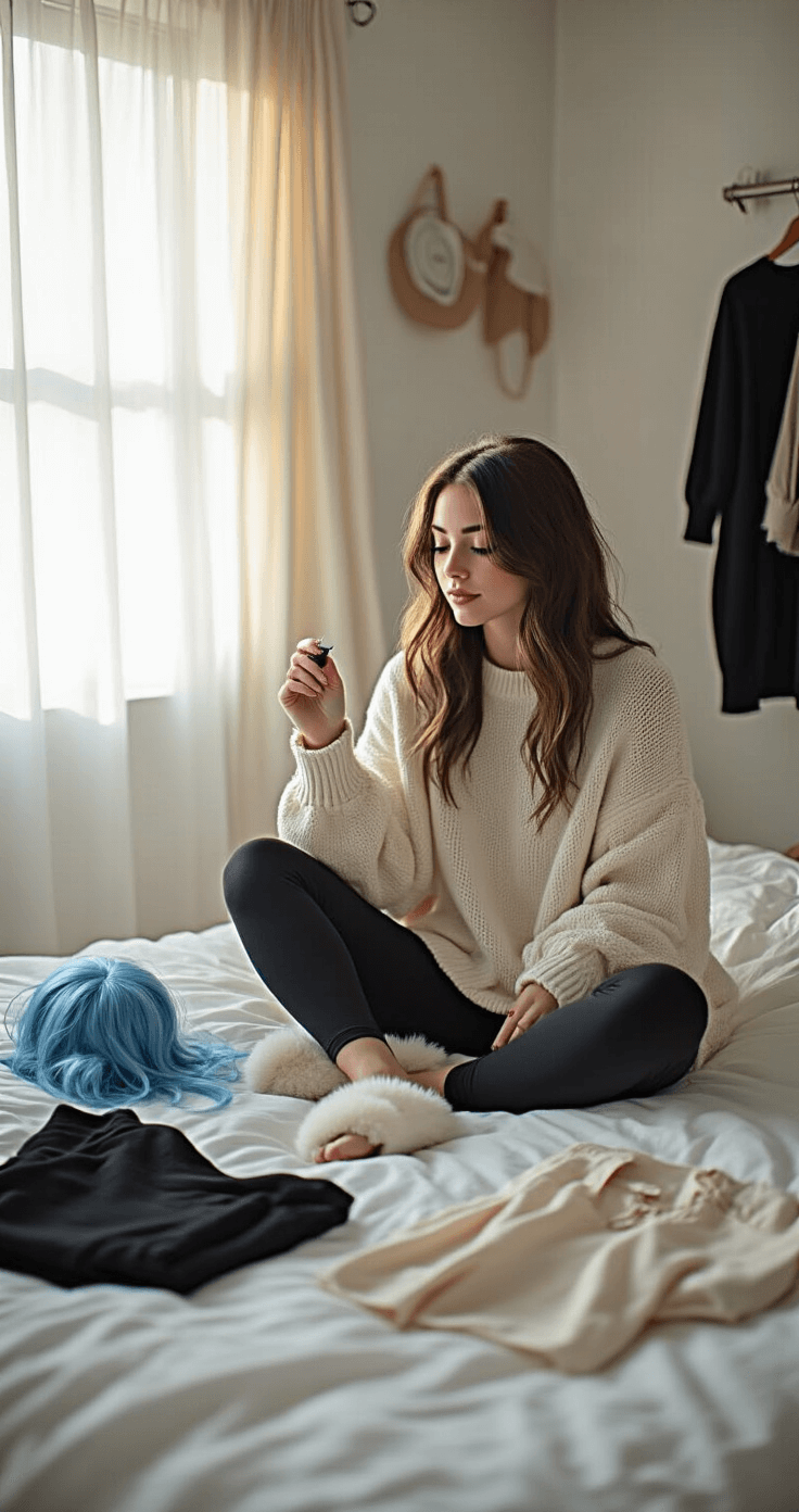 A young woman in casual athleisure examines cosplay transformation elements in a chic bedroom studio, with soft morning light filtering through sheer curtains. She wears an oversized cream knit sweater, black leggings, and fuzzy slippers, surrounded by organized costume pieces on a white duvet. The scene features blue synthetic wig pieces, black cotton sweaters, and distressed red denim, capturing her creative planning process with natural makeup glowing in golden hour lighting.