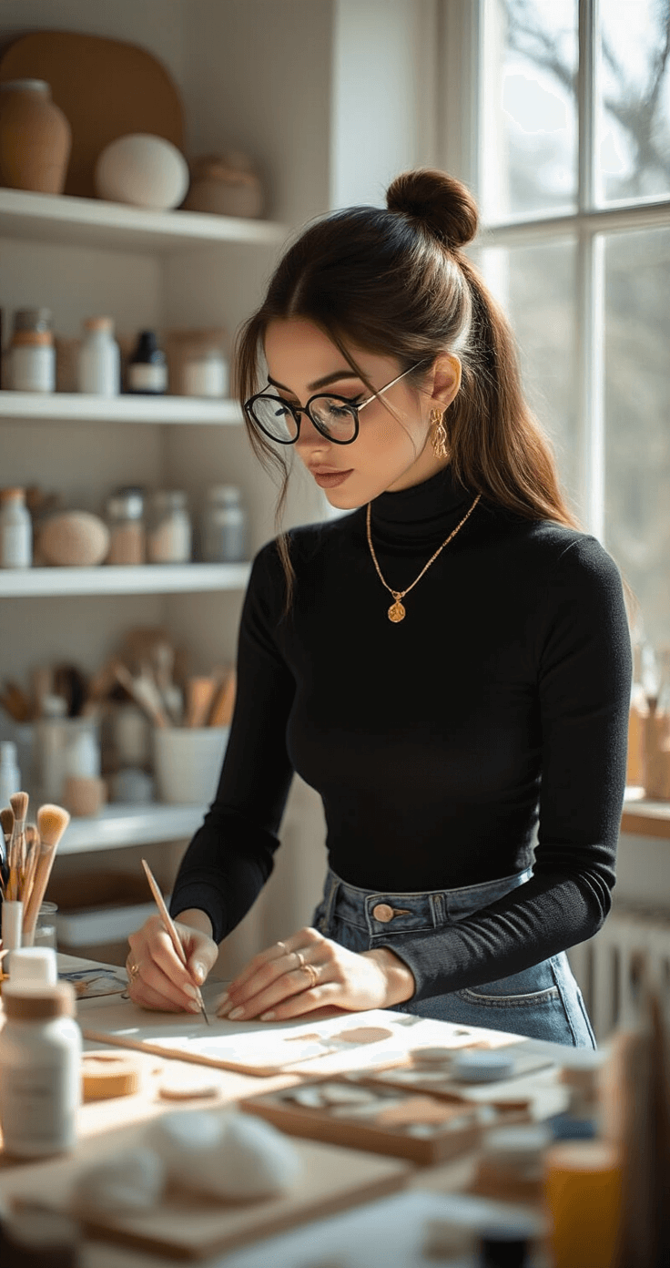 A fashionable young woman in a chic DIY craft room, wearing a fitted black turtleneck and high-waisted vintage jeans, works on creative projects surrounded by organized craft supplies in natural light from large windows.