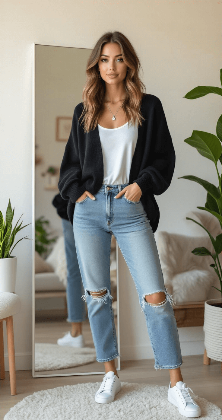 A stylish young woman tries on layered casual outfits in a trendy urban apartment during golden hour, showcasing an oversized black cashmere sweater, white tank, distressed boyfriend jeans, and white leather sneakers, surrounded by modern furniture, plants, and a full-length mirror.