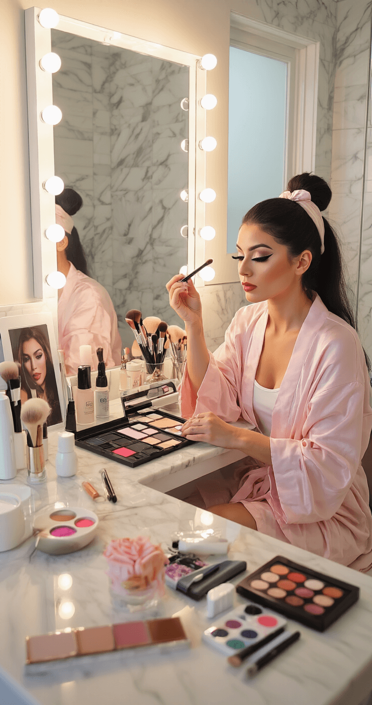 A woman in a pink robe applies character makeup at a modern vanity in a bright bathroom with marble countertops, surrounded by warm LED lights and professional makeup tools, while morning sunlight filters through frosted glass windows.