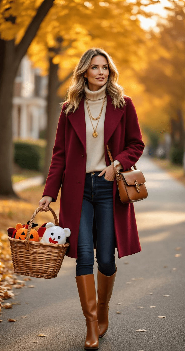 A fashion-forward mother in a burgundy wool coat and cream turtleneck walks down a tree-lined street during golden hour, carrying a wicker basket filled with budget-friendly Halloween costumes. She pairs her outfit with dark skinny jeans and cognac leather knee-high boots, accessorized with a structured leather crossbody bag and layered gold necklaces, encapsulating autumn style and active parenting in a warm, colorful setting.