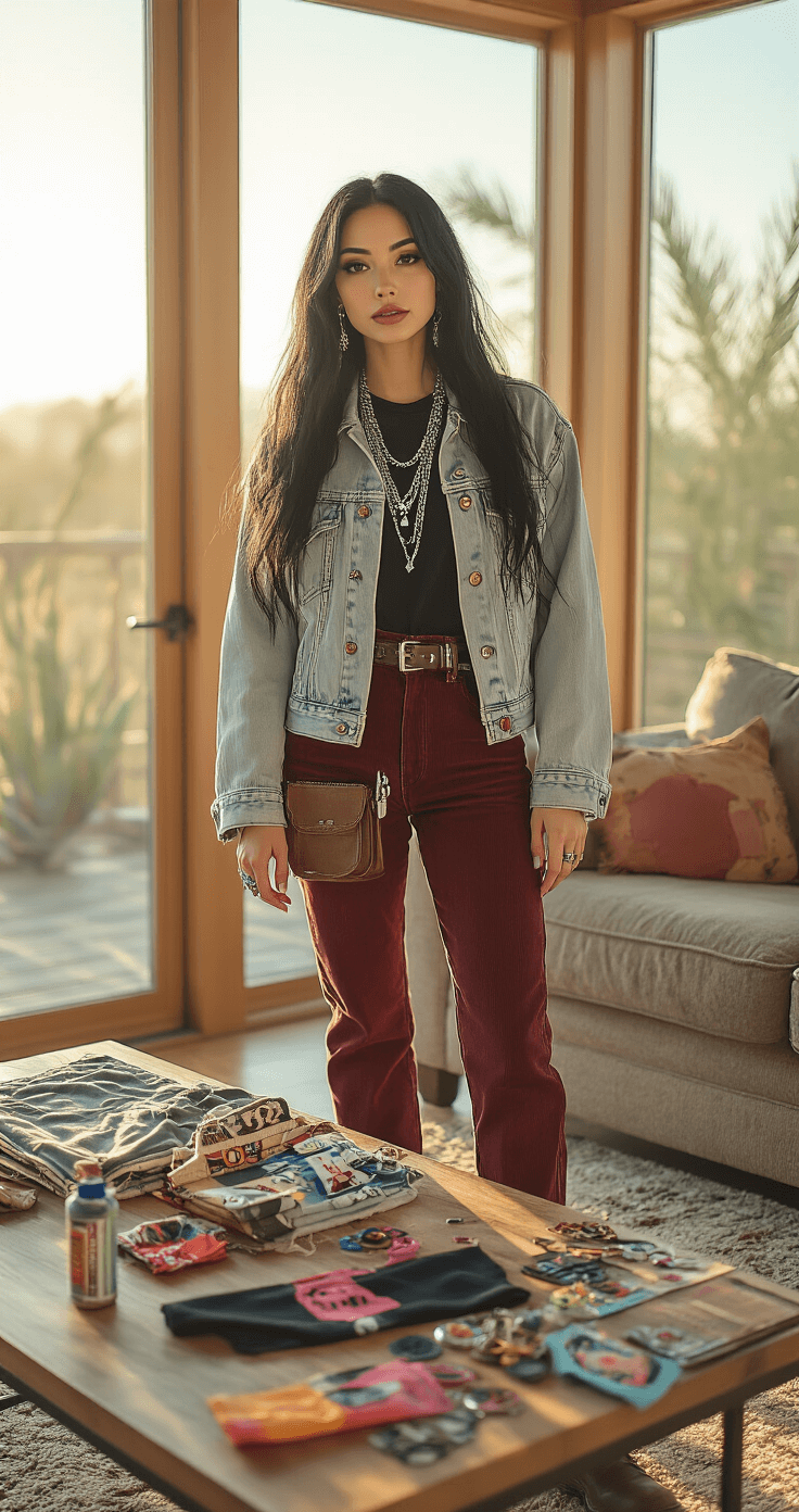 A woman with long black hair showcases budget-friendly cosplay outfits in a sunlit living room, wearing a vintage band t-shirt, distressed denim jacket, and burgundy corduroy pants. She is customizing a black scarf with DIY crafting supplies on the coffee table, surrounded by plants and vintage decor, emphasizing sustainable fashion and creativity.