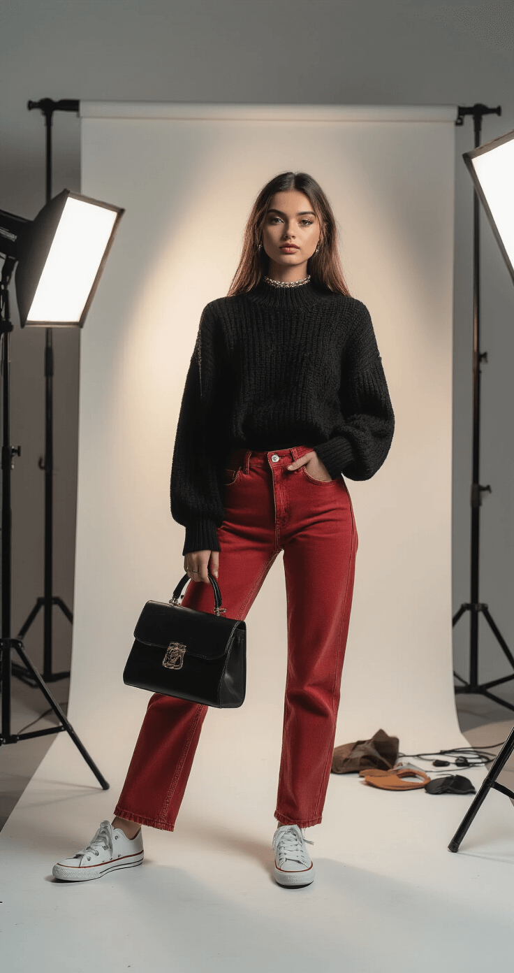 A confident young woman poses in a modern photography studio, wearing a textured black sweater, vintage red denim, and white sneakers. The setup features professional lighting, a clean backdrop, and scattered props, capturing dramatic shadows and highlights as she showcases artistic expression with layered accessories and makeup.