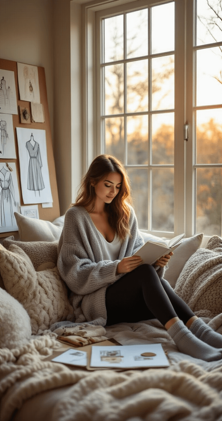 A stylish young woman in cozy loungewear engages in creative planning by a large window during golden hour, surrounded by inspiration boards, sketches, and fabric swatches in a warm, inviting reading nook.