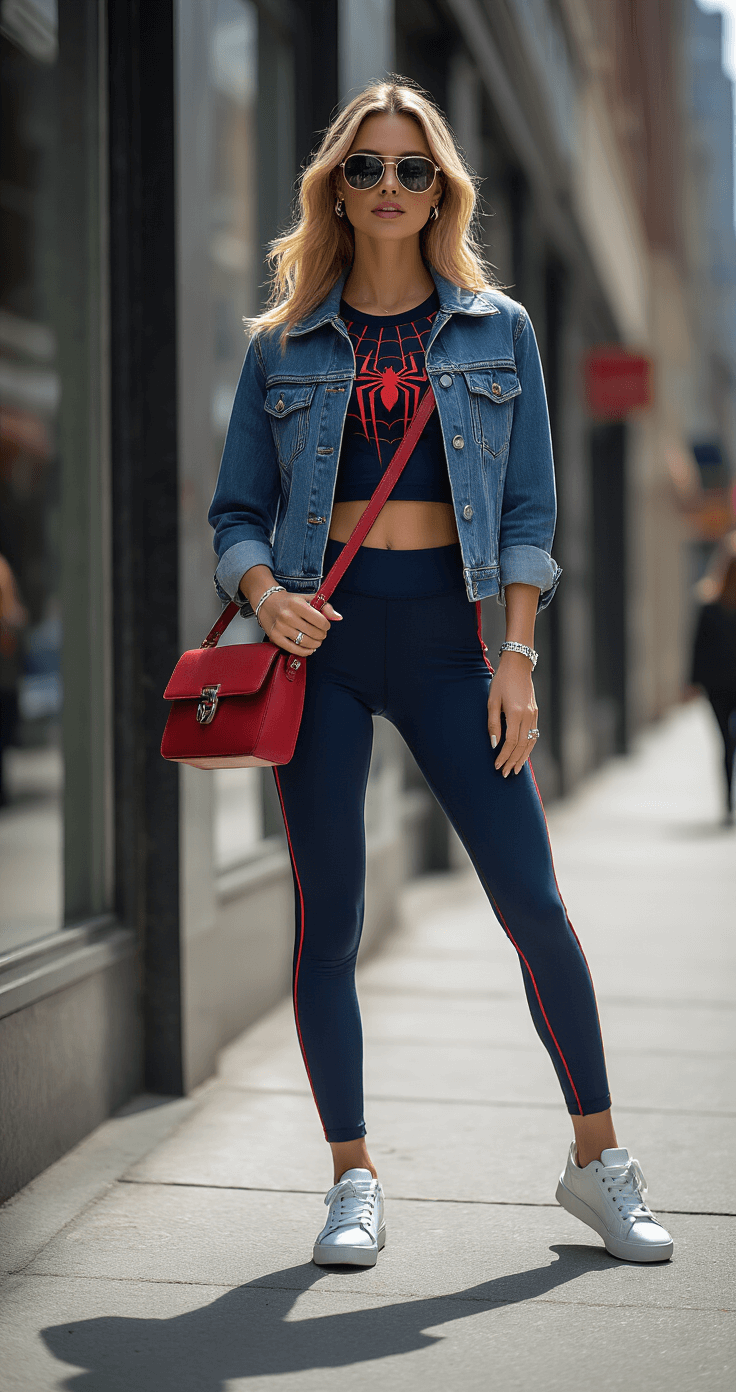 Epic Superhero Costumes: Your Ultimate Guide to Becoming a Comic Book Legend A fashionable woman confidently stands on a trendy city street corner, wearing a navy blue athletic top, cropped denim jacket, high-waisted leggings with red piping, and white sneakers with metallic accents, accessorized with a red leather crossbody bag and wraparound sunglasses, set against modern storefronts.