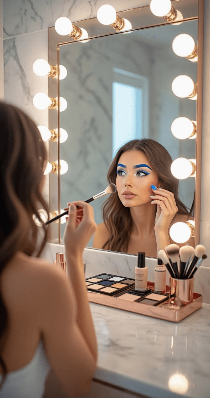 A woman in a modern bathroom with marble countertops styles blue anime-inspired eyebrows using an angled brush, surrounded by makeup tools in a rose gold organizer, with bright Hollywood-style lighting illuminating her focused reflection.