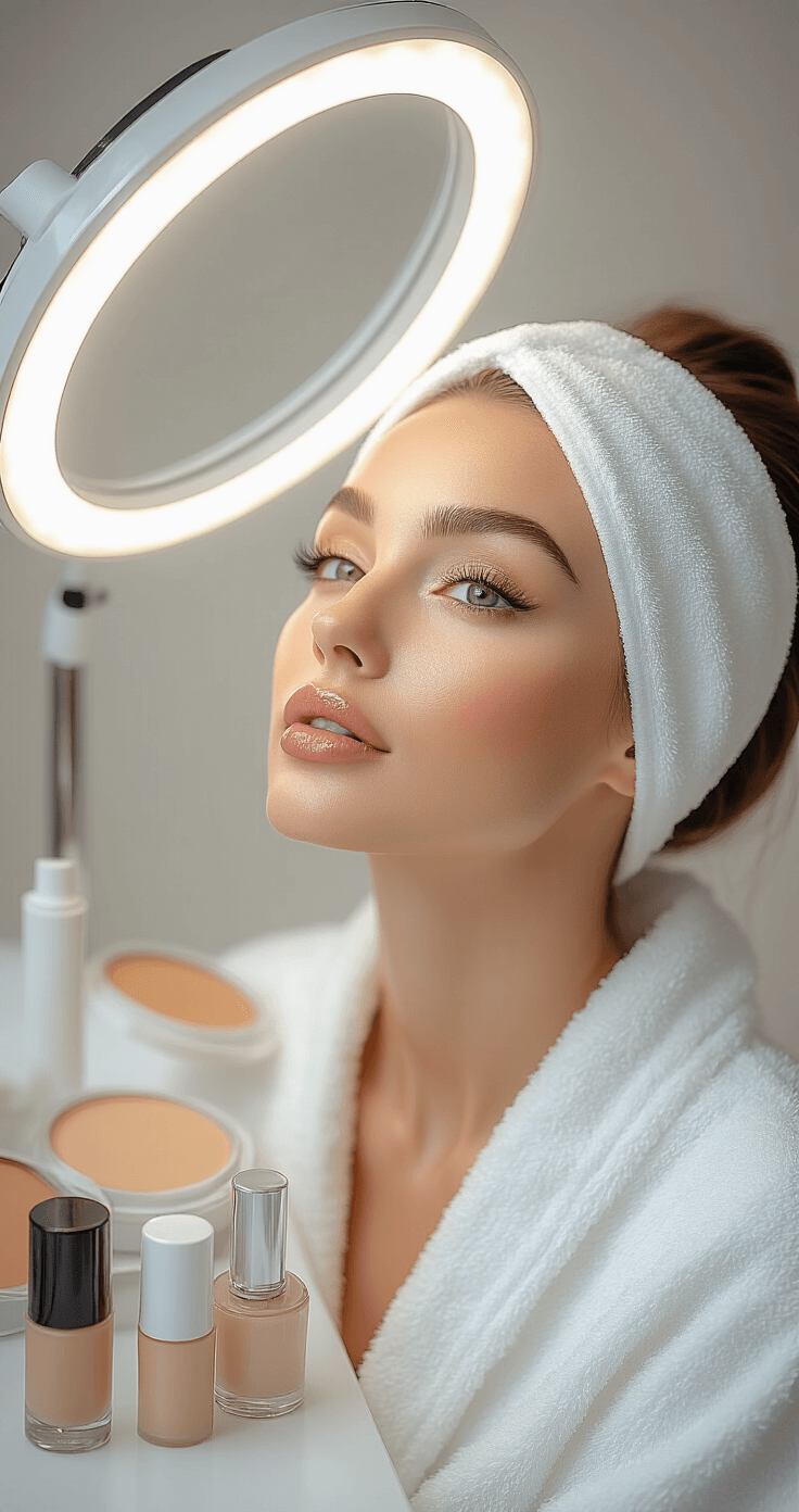 Ultimate Cosplay Makeup Guide: From Beginner to Pro Character Transformations Close-up of a model applying foundation in a bright vanity setup with ring light, featuring a dewy complexion and an elegant array of beauty products.