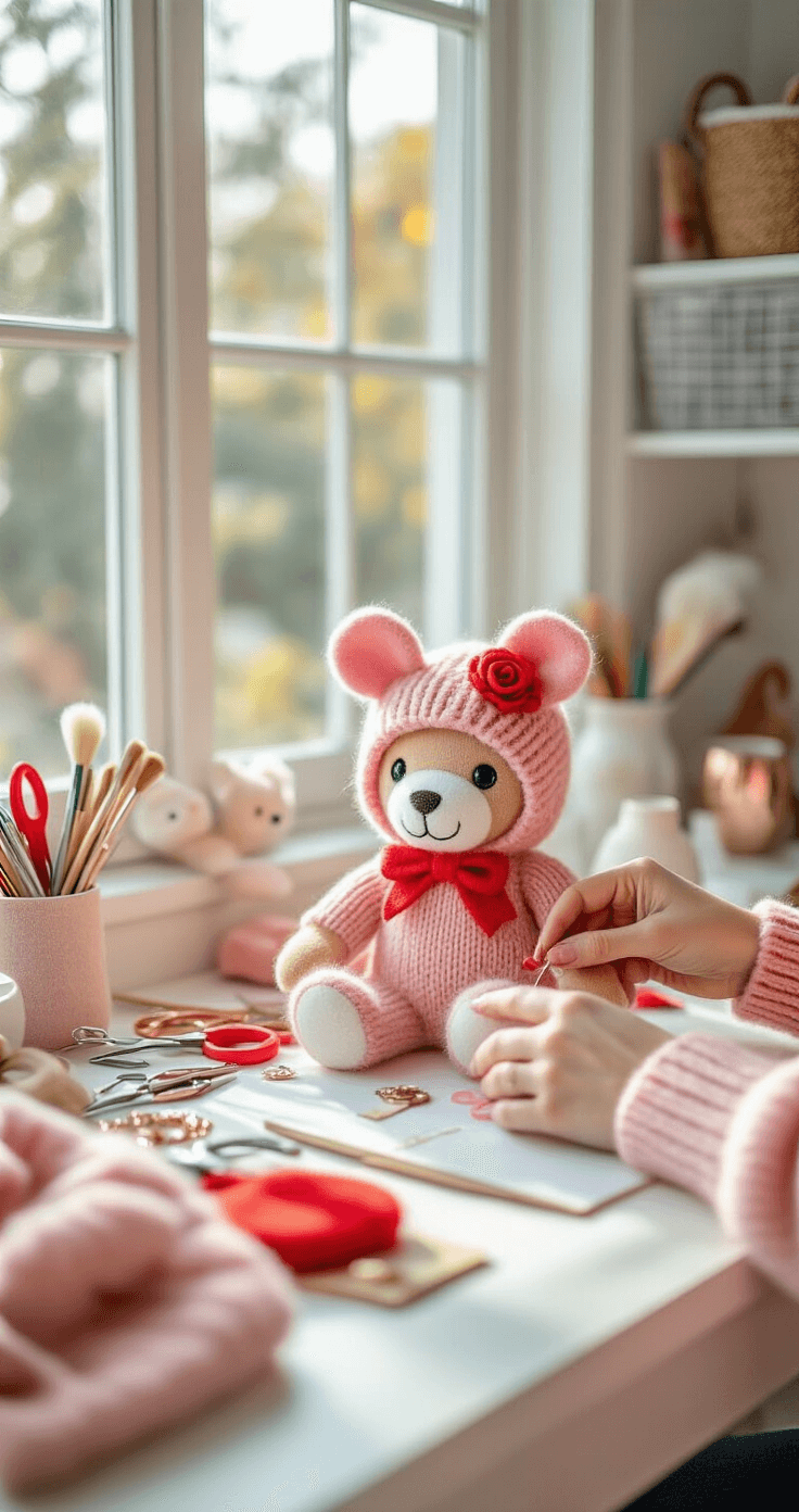 Easy Halloween Costumes: Last-Minute DIY Ideas That Won't Break the Bank Close-up of hands creating a DIY Beanie Baby costume tag in a bright craft room, surrounded by red felt, scissors, and various craft supplies on a white workspace, with a plush pink sweater, matching ears headband, and rose gold accessories, and a soft bokeh effect in the background highlighting organized craft storage.