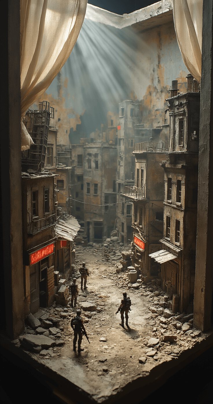 A 6x8 ft diorama showcasing a detailed post-apocalyptic cityscape, illuminated by morning light filtering through sheer curtains, highlighting weathered miniature buildings and action figures. The scene features multiple levels of architecture in rusty browns and concrete grays, accented by vibrant neon signs, viewed from a 45-degree elevated angle to emphasize depth.
