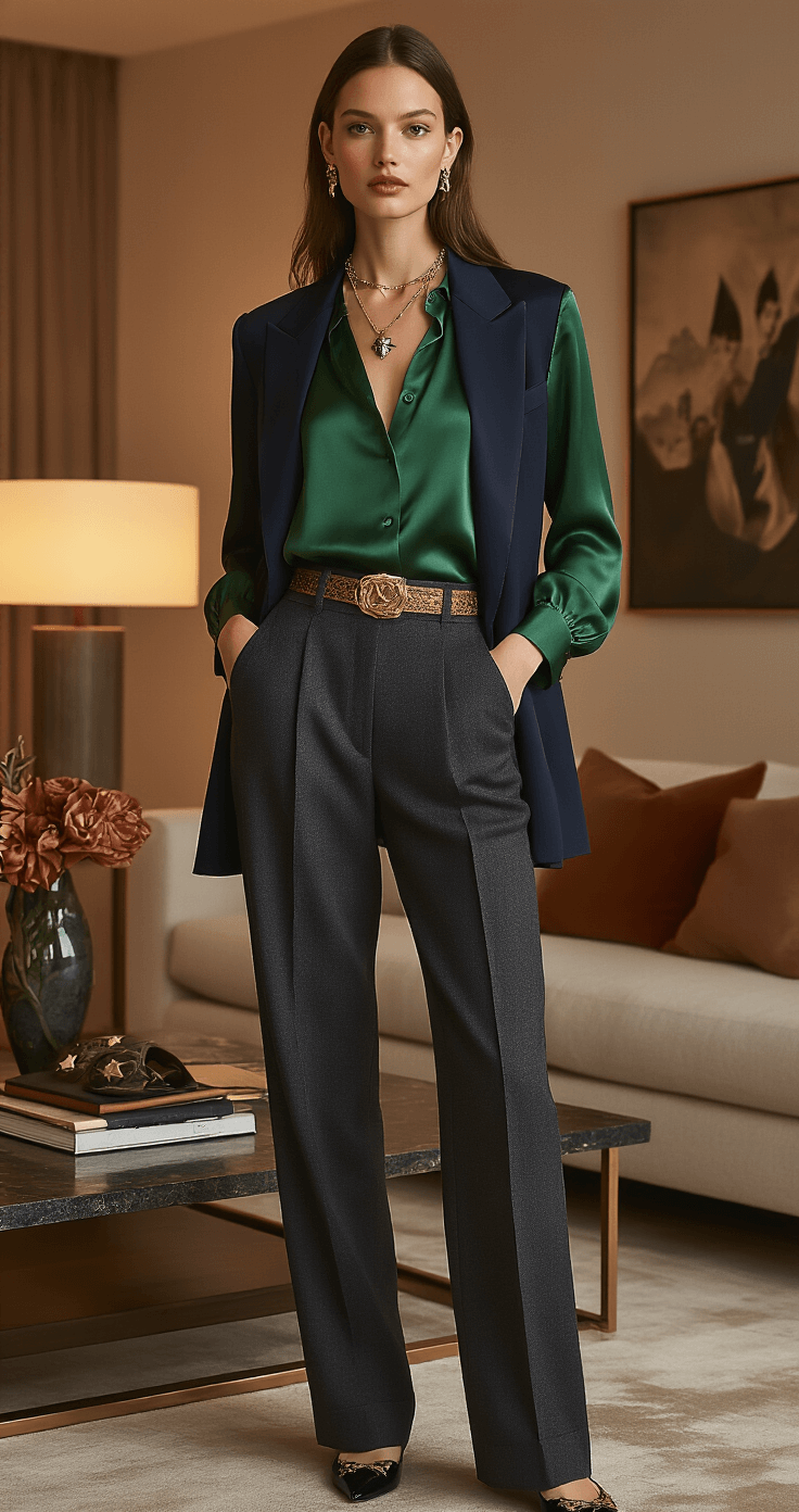 Epic Superhero Costumes: Your Ultimate Guide to Becoming a Comic Book Legend An elegant model showcases superhero-inspired fashion in a contemporary living space, wearing a deep forest green silk blouse, high-waisted charcoal wool trousers, and a midnight navy blazer. The look is accentuated by a statement belt with gold star motifs, layered necklaces, and patent leather flats. A coffee table adorned with silk scarves, textured leather gloves, and jewelry reflecting superhero themes enhances the sophisticated atmosphere, all captured in soft ambient lighting.