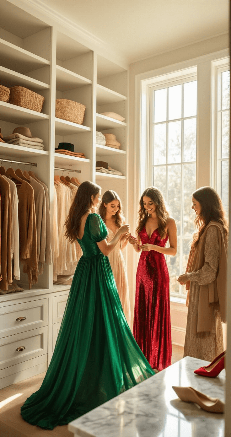Epic Group Costumes: The Ultimate Guide to Coordinated Halloween and Party Looks A sunlit walk-in closet filled with white shelving holds vibrant costume pieces as four young women collaborate; one holds an emerald green dress while another tries on ruby red sequined shoes, with jewel-toned silk scarves and stylish clothing artfully arranged around them, all bathed in warm, diffused golden hour light.