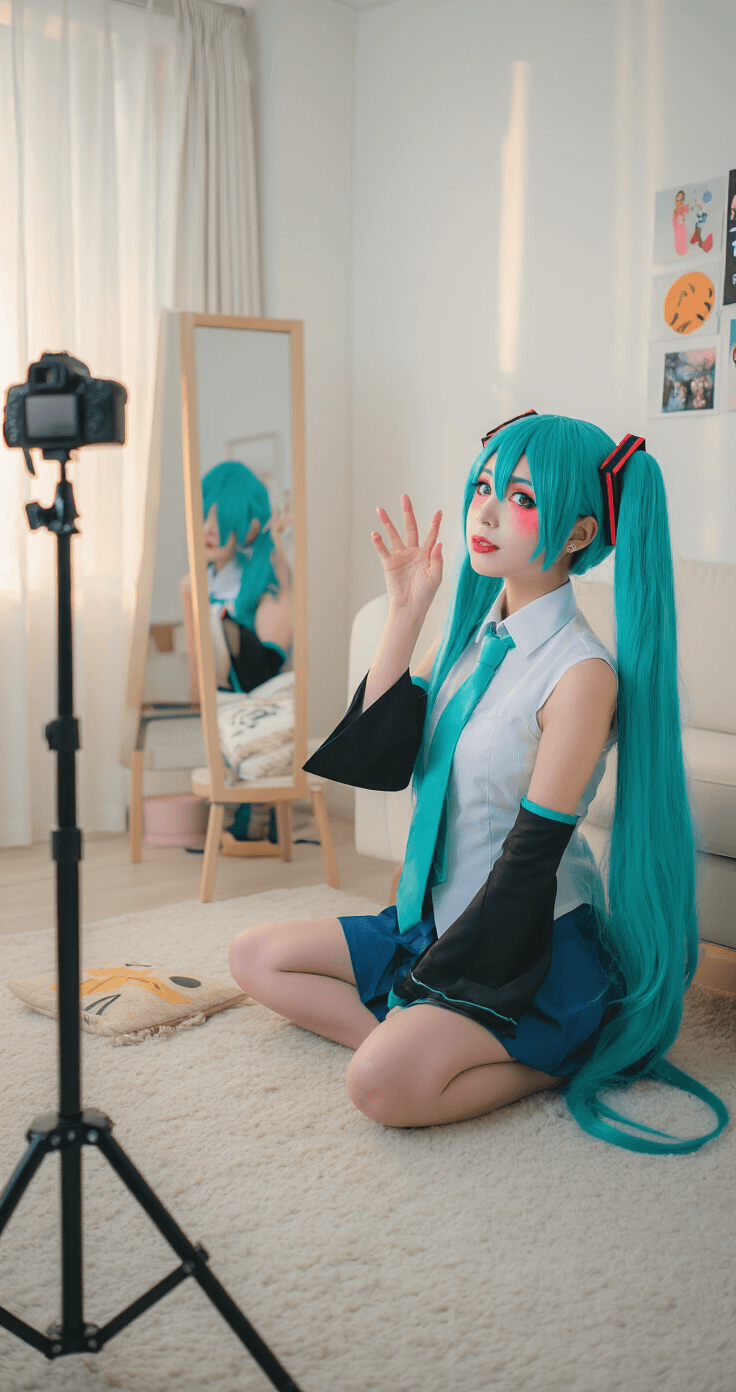 A young woman in a minimalist living room practices cosplay as Hatsune Miku, showcasing turquoise twintails and vibrant makeup, during golden hour. She poses dynamically in front of a full-length mirror, with a camera setup nearby, surrounded by soft pillows and mood boards, all bathed in warm natural light.