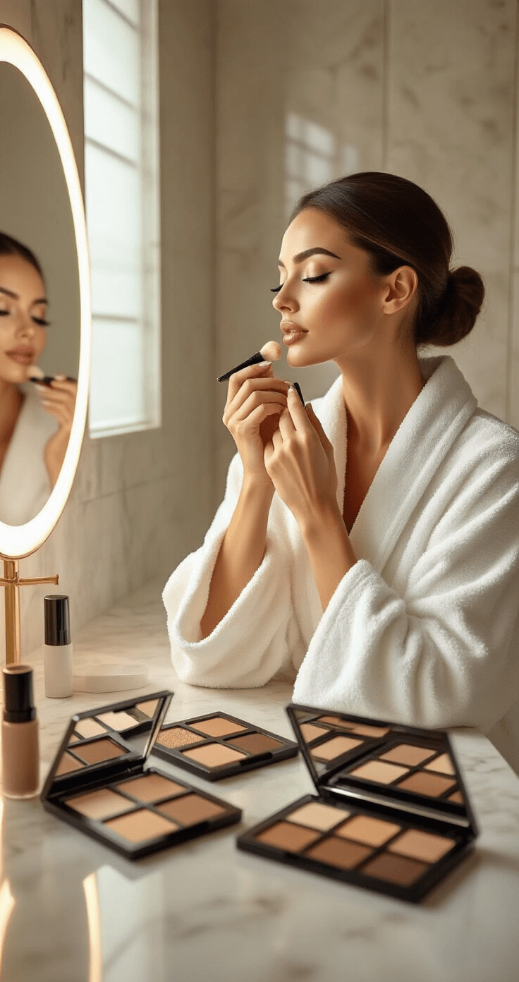 A woman in a white terrycloth robe perfects her contouring technique in a spacious, minimalist bathroom with marble countertops during soft morning light, surrounded by various earth-toned makeup palettes and high-end tools, with a large illuminated mirror reflecting her focused expression.