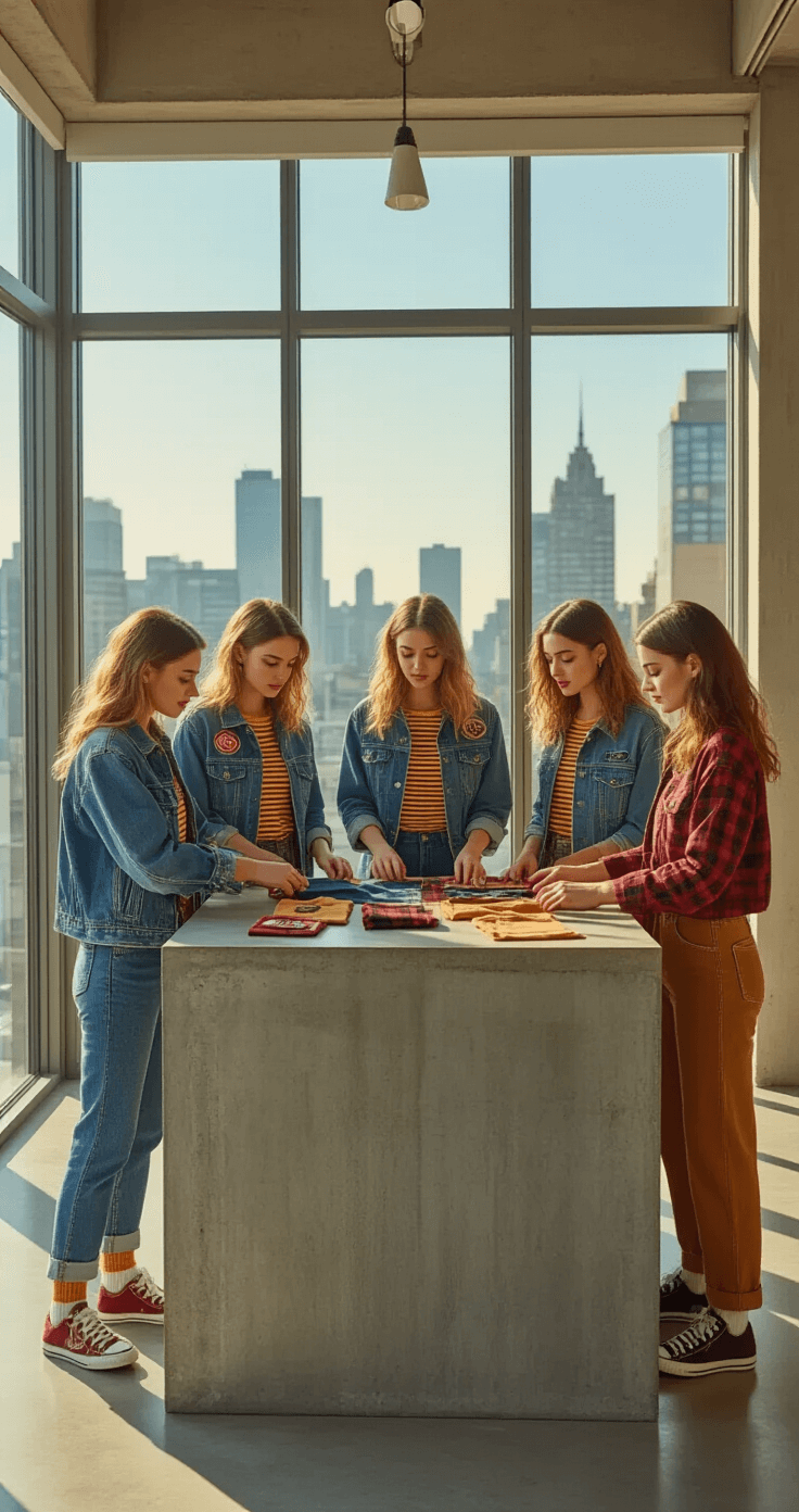 Epic Group Costumes: The Ultimate Guide to Coordinated Halloween and Party Looks A modern minimalist studio apartment bathed in bright midday light, featuring five women arranging their Stranger Things group costumes on a sleek concrete counter. They are styling denim jackets with patches, striped shirts, corduroy pants, and vintage sneakers, layered with wool socks and flannel shirts, accented by retro walkie-talkies. The overhead angle captures the organized scene with crisp lighting, highlighting rich textures and an 80s-inspired color palette of burgundy, mustard yellow, and forest green.