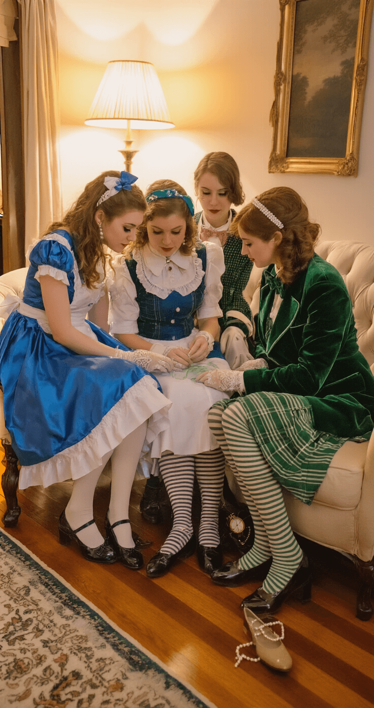 Epic Group Costumes: The Ultimate Guide to Coordinated Halloween and Party Looks Four friends craft their Alice in Wonderland costumes in a cozy living room with warm wood floors, illuminated by soft evening lamplight. The scene features a blue silk dress, jewel-toned velvet blazers, striped stockings, and patent leather Mary Jane shoes, alongside lace gloves and vintage pocket watches, all creating a whimsical atmosphere with golden ambient lighting.