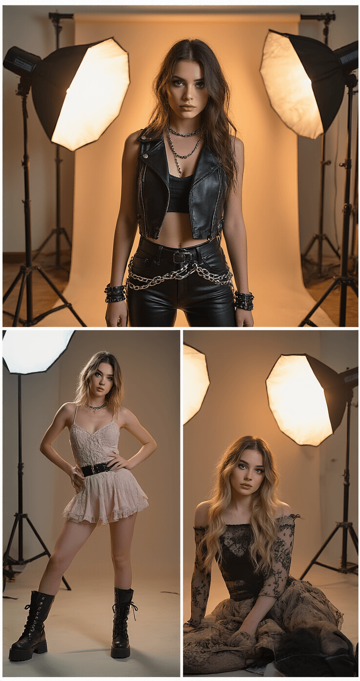 Nana Cosplay: Your Ultimate Guide to Rocking Two Iconic Anime Styles A young woman alternates between two looks in a photography studio during golden hour lighting: one moment showcasing punk rock style in black leather and chains, the next embodying soft femininity in pastel fabrics. The scene captures her transformation process with visible outfit changes and makeup adjustments, professional lighting highlighting textures, and dynamic angles revealing both styled final looks and behind-the-scenes moments.