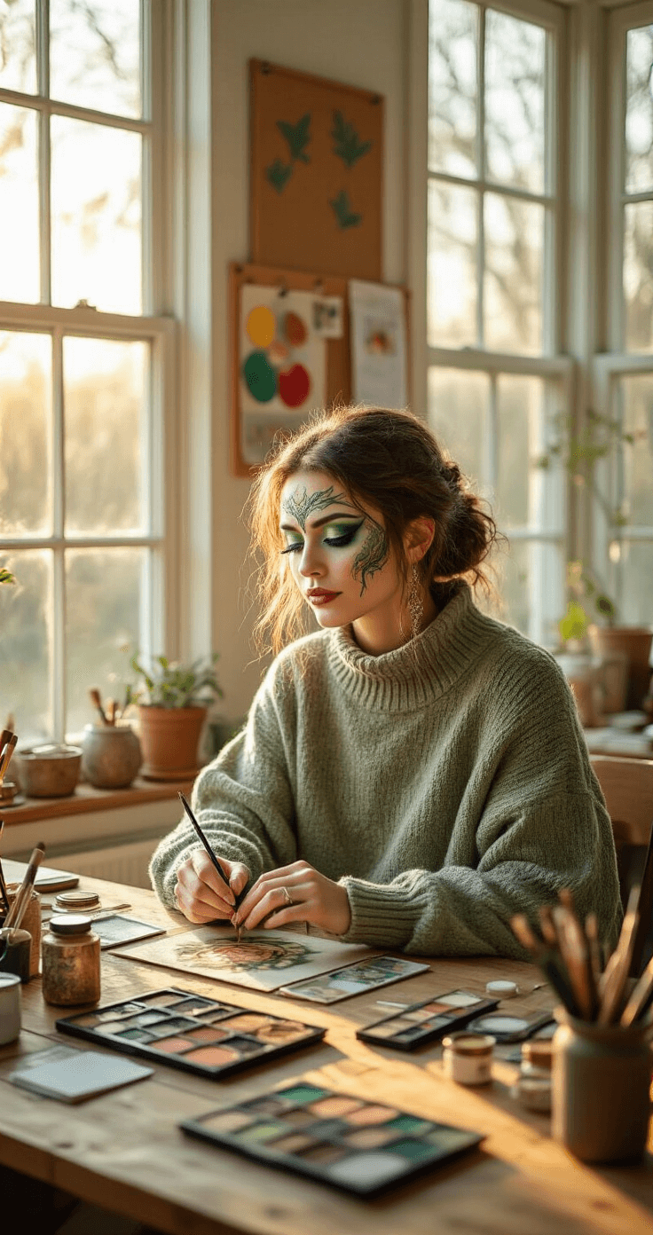 A woman in a sage green oversized sweater applies intricate fantasy creature makeup in a sunlit craft room, surrounded by organized face paint supplies and inspirational materials, with warm, natural light highlighting her creative workspace.