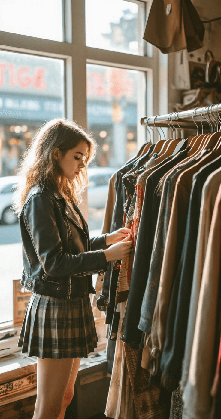 Nana Cosplay: Your Ultimate Guide to Rocking Two Iconic Anime Styles A young woman browses vintage racks in a bright thrift store, searching for cosplay items like leather jackets and band t-shirts, surrounded by diverse textures and colors in warm, natural light.