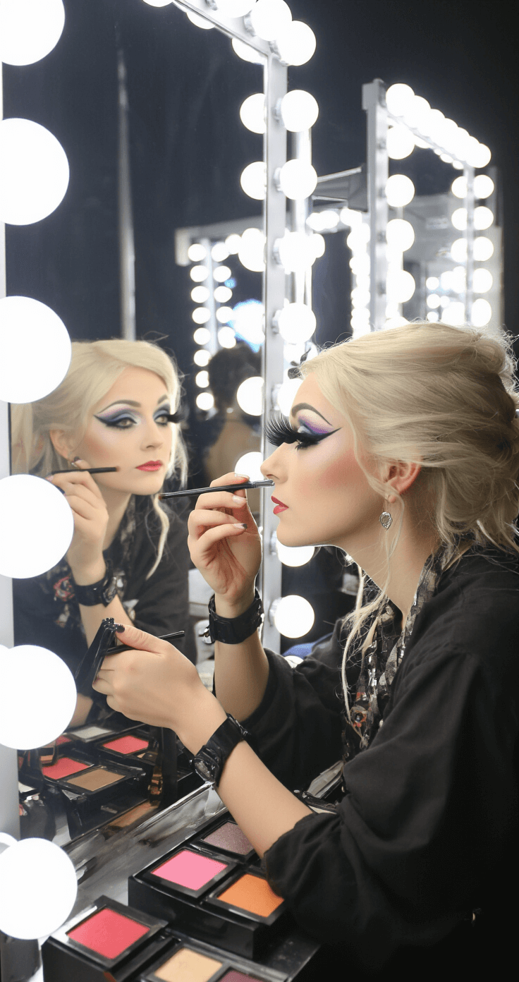 Cosplay Makeup Mastery: A Complete Guide to Character Transformation A vibrant dressing room setup in a convention center, showcasing a cosplayer applying intricate eye makeup under theatrical lighting. Multiple mirrors reflect their meticulous technique with colorful eyeshadows and dramatic false lashes accentuating the detailed artistry.
