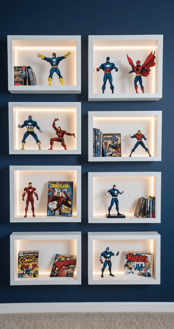 A modern home office featuring a geometric arrangement of white floating shelves against a deep navy wall, showcasing comic book heroes. The mid-afternoon light and LED strips create a dramatic effect.