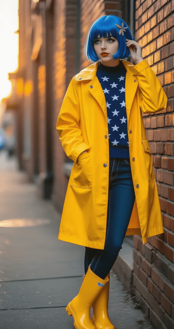A young woman in Coraline cosplay with a blue bob wig poses on a moody urban street corner at golden hour, wearing a yellow raincoat, navy star-patterned sweater, dark jeans, and yellow rain boots, as she adjusts a dragonfly hair clip.