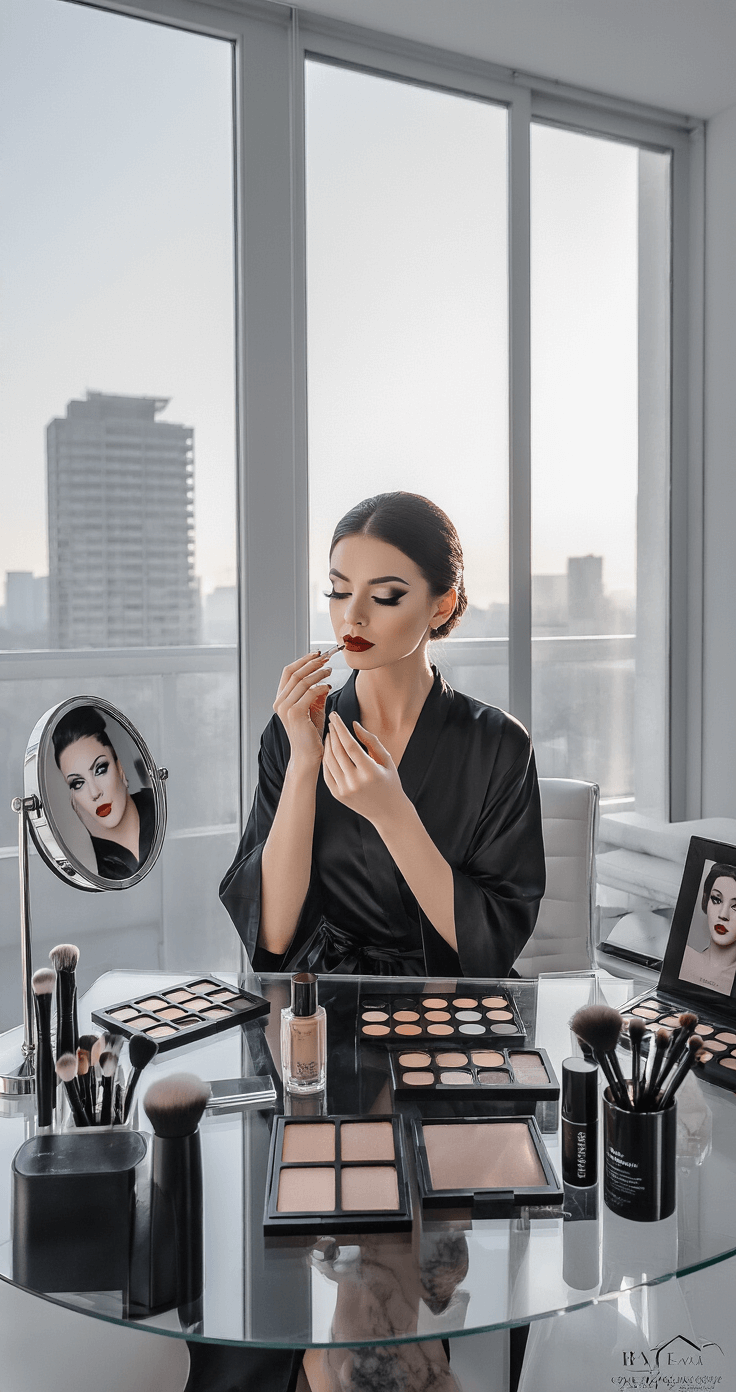 A modern bedroom bathed in soft morning light, featuring a woman in a black silk robe applying character makeup at a sleek glass vanity, surrounded by organized makeup kits and cosplay accessories, with natural light streaming through floor-to-ceiling windows.