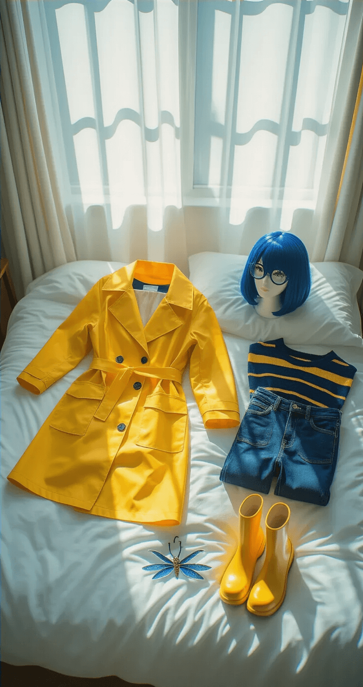 A minimalist studio with large windows showcases a detailed Coraline outfit layout, featuring a yellow raincoat on white bedding, a navy striped sweater, dark denim jeans, and yellow rain boots, all illuminated by soft midday light. A blue bob wig, button eye prop glasses, and a dragonfly hair clip are artistically arranged, with gentle shadows enhancing the fabric textures.