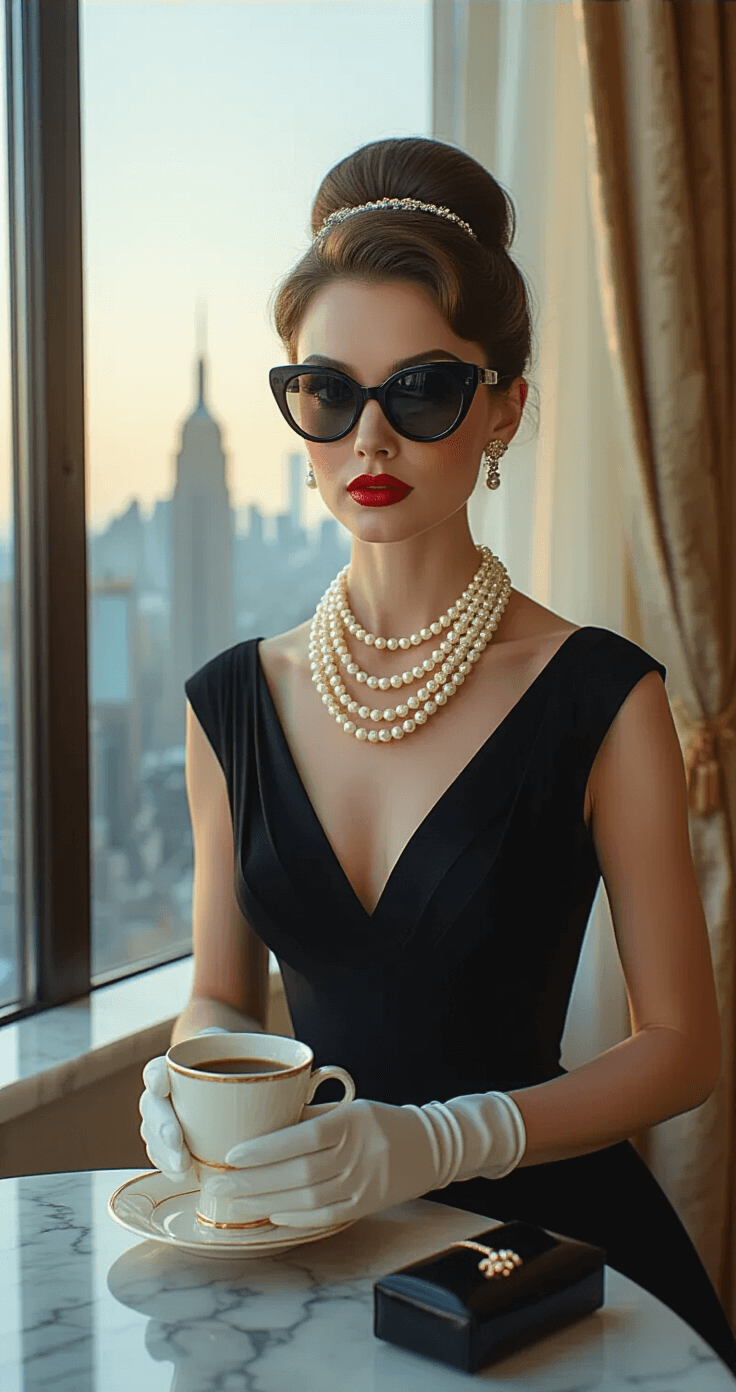 Easy DIY Costumes: Quick and Genius Halloween Outfit Hacks An elegant woman embodies Holly Golightly in a sophisticated urban apartment, wearing a little black dress and multi-strand pearl necklace, with oversized sunglasses and a classic updo. She holds a coffee cup by a large window, surrounded by styling elements on a marble vanity, in a warm gold and black and white color palette, illuminated by soft morning light.