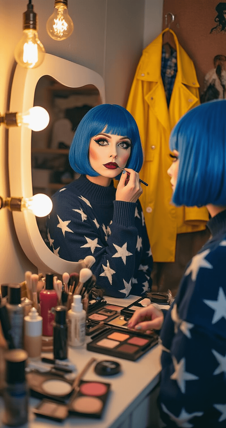 A cosplayer applies dramatic 'Other Mother' makeup in a stylish vanity corner, surrounded by beauty products and accessories, with warm ambient lighting highlighting intricate details and reflections in the mirror.