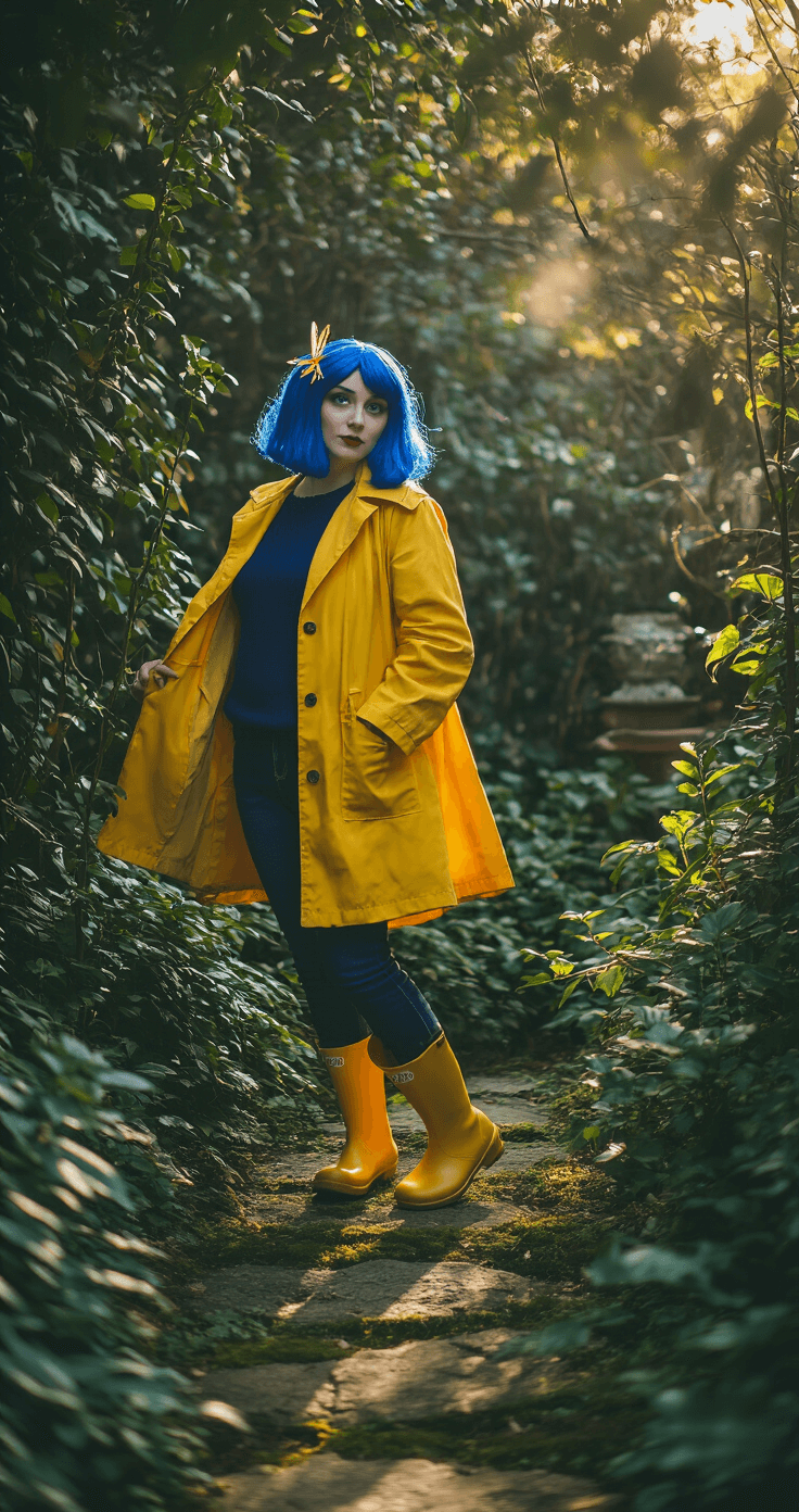 A Coraline cosplayer in a yellow raincoat and blue wig poses in a whimsical garden corner, surrounded by lush greenery and dappled sunlight, capturing a magical atmosphere during the golden hour.