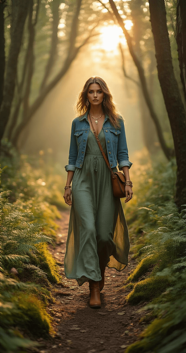 A fashion-forward woman in a sage green maxi dress and cropped denim jacket walks gracefully along a moss-covered path in a mystical forest during golden hour, surrounded by wildflowers and ferns. Her delicate gold jewelry, mushroom brown suede ankle boots, and earth-toned silk scarf complement her ethereal makeup, illuminated by dappled sunlight filtering through ancient trees.