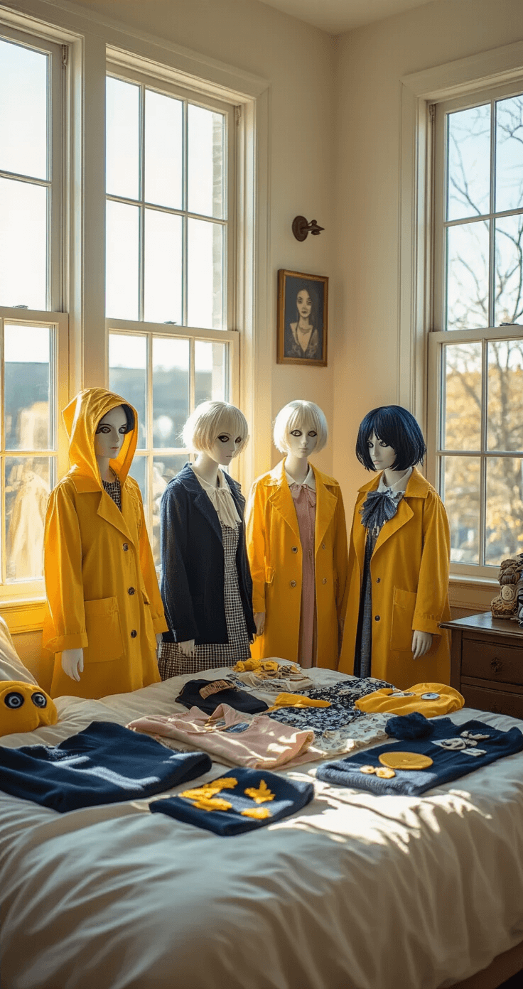A well-organized bedroom corner illuminated by bright afternoon light features a cosplayer preparing various Coraline costume variations, including a classic yellow raincoat, pastel interpretations, and Other Mother styling. Navy sweaters, yellow accessories, multiple wigs, and button eye props are artfully arranged on vintage furniture, showcasing intricate fabric textures. The elevated angle captures the clean aesthetic and detailed costume pieces, ready for convention photography.