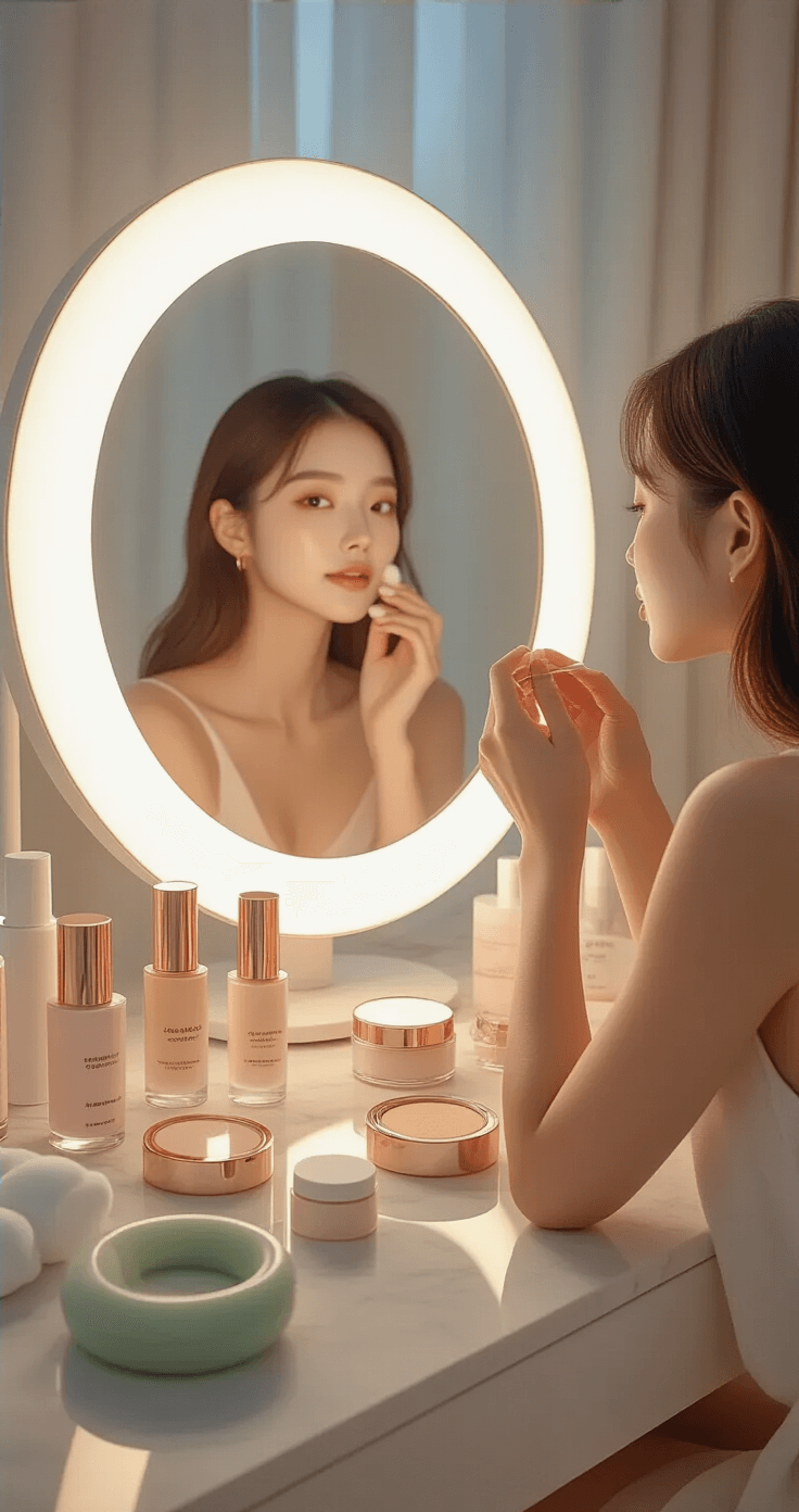 A modern bedroom vanity setup during golden hour, featuring a woman applying cushion foundation in front of a ring light mirror, surrounded by organized Korean beauty products on a marble surface, with soft natural light illuminating the scene.