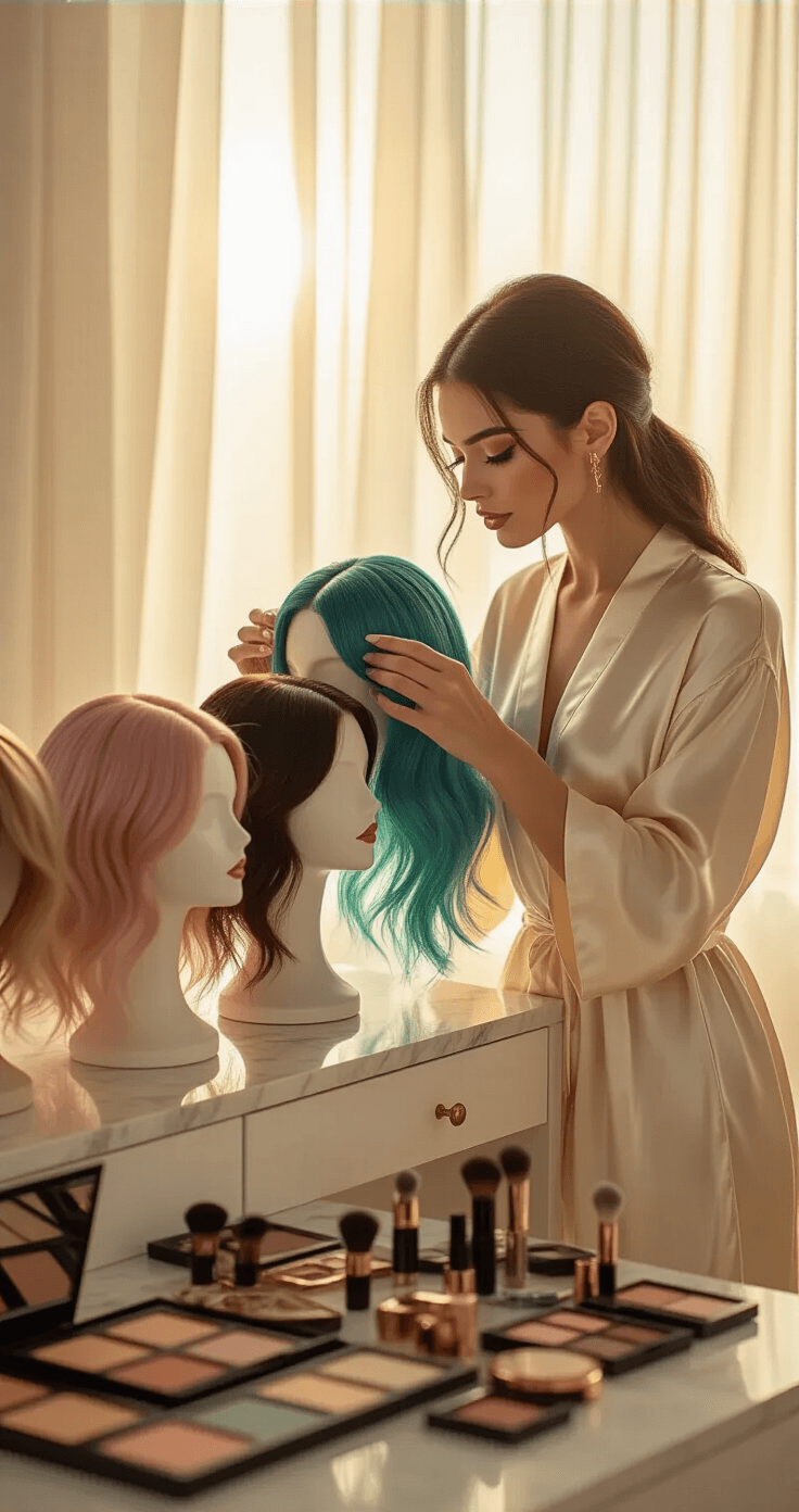 A female model in a cream silk robe arranges colorful wigs on marble mannequin heads in a minimalist bedroom studio, illuminated by soft golden hour light through sheer curtains, with a vanity table filled with jewel-toned makeup palettes and accessories.