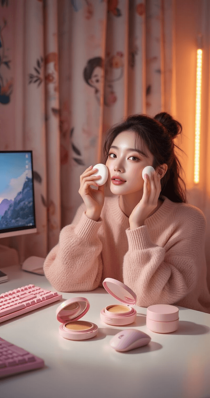 An intimate close-up of a model applying cushion foundation in a cozy gaming room, with warm afternoon light, various open Korean cushion compacts on a white desk, and gaming peripherals, all complemented by a blush pink oversized sweater and a messy bun hairstyle.