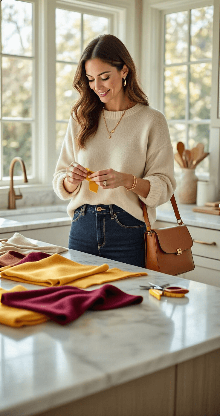 A vibrant kitchen filled with natural light, featuring a creative mother in a chic outfit assembling a food-themed family costume at a marble countertop, surrounded by felt fabric, scissors, and measuring tape, with warm neutrals and autumn colors accentuating the scene.
