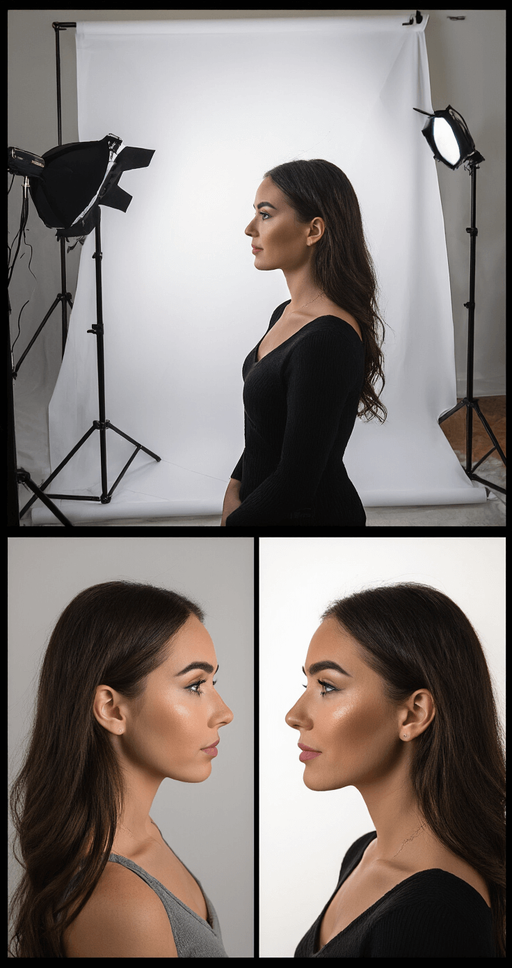 Cosplay Makeup Mastery: A Complete Guide to Character Transformation A professional photography studio showcasing an advanced contouring demonstration with a stark white backdrop and perfect lighting. The split-frame composition highlights the before and after effects of contouring, emphasizing cool-toned shadows and warm highlights on the facial structure transformation, captured in ultra-sharp focus.