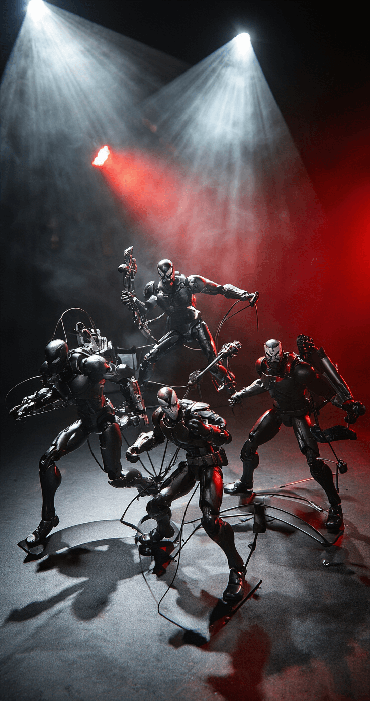 A dramatic display of articulated action figures in mid-battle poses under low-angle spotlights, enhanced by smoke effects. The figures are supported by custom stands and wire, creating gravity-defying arrangements. Shot from below, the late evening scene features deep blacks, metallic highlights, and striking red accent lighting, emphasizing the dynamic action and atmosphere.