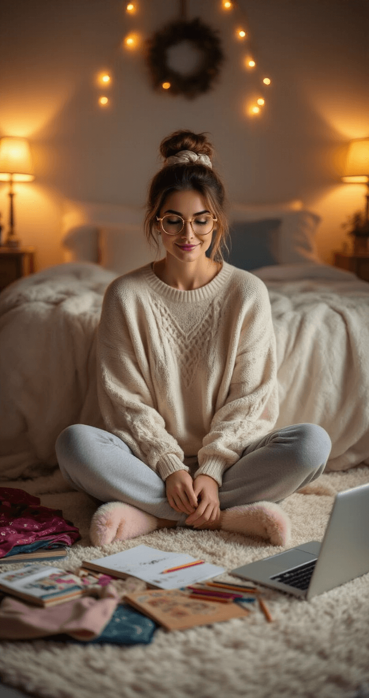 Cozy evening bedroom scene with warm ambient lighting, featuring a mother in stylish loungewear sitting cross-legged on a plush rug, surrounded by DIY costume materials, inspiration books, and a laptop, all in a palette of soft greys, cream, blush pink, and warm gold lighting.