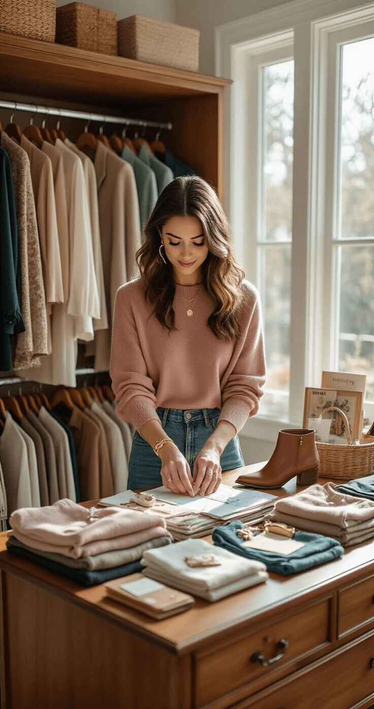 An elegant woman organizes her walk-in closet, creating budget-friendly outfit combinations on a polished wooden dresser under bright midday lighting, surrounded by thrift store finds and designer pieces, showcasing various clothing textures and colors.