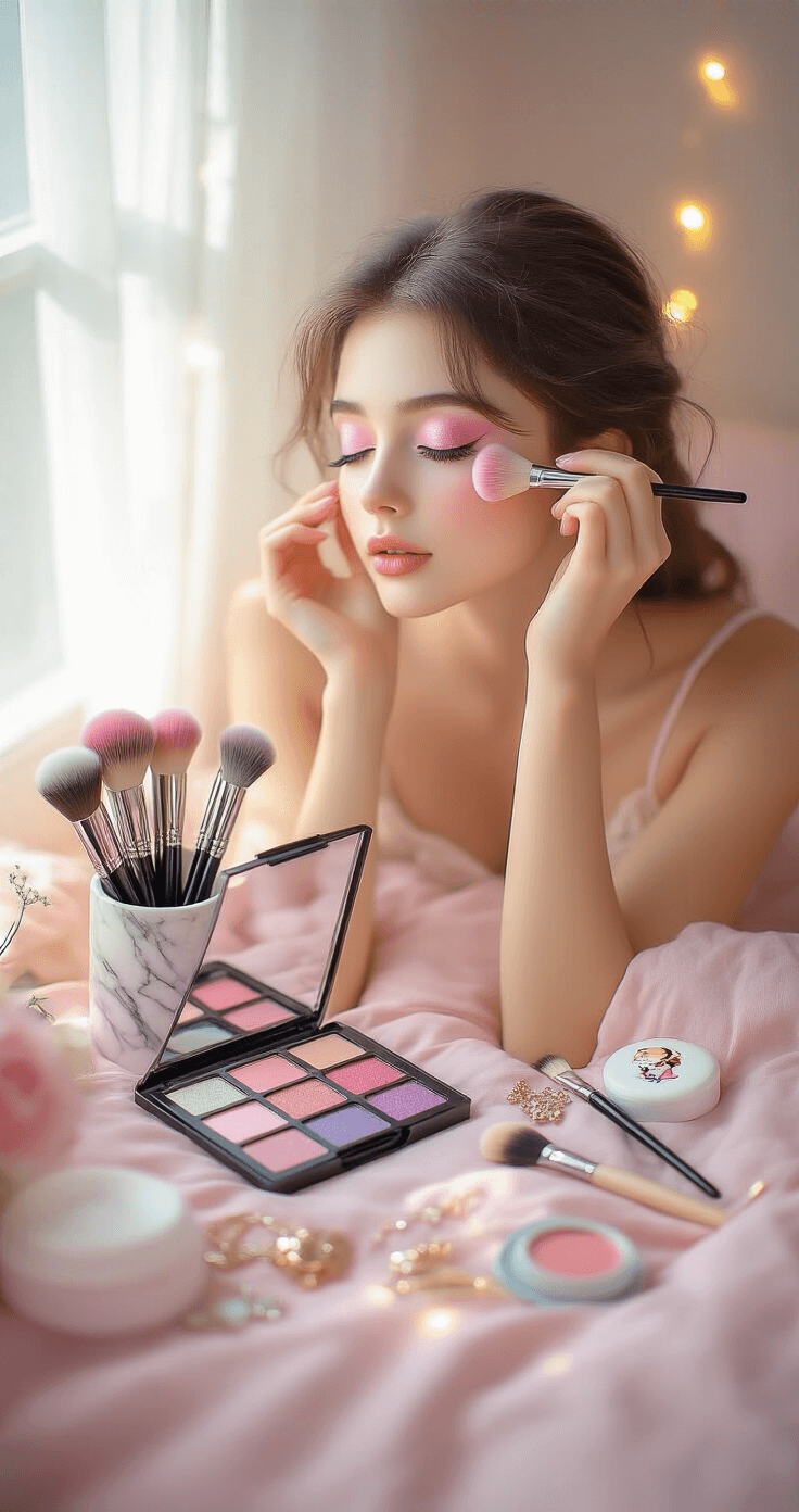 A serene bedroom corner bathed in soft morning light, featuring a model applying pink and lavender eyeshadow with closed eyes. The scene includes a pastel eyeshadow palette, marble brush holder, and a small hand mirror adorned with anime stickers. Whimsical pink bedding and fairy lights enhance the dreamy atmosphere, while beauty tools and delicate jewelry are artfully arranged around the vanity.
