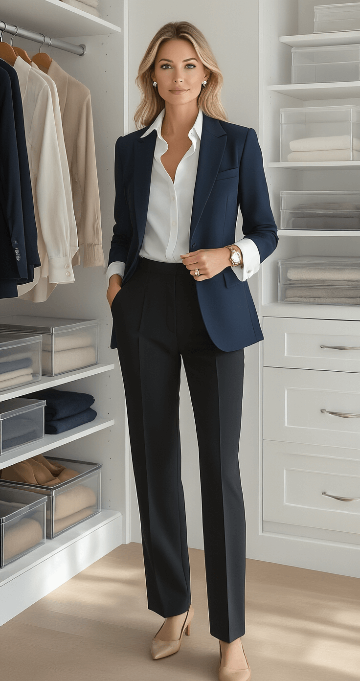 A fashionable mother stands in a modern, organized walk-in closet, dressed in tailored black trousers, a crisp white button-down shirt, and a navy blue blazer. She examines costume options on wooden hangers amidst white shelving, clear storage boxes, and neatly folded items. The bright morning light from a skylight illuminates the space, highlighting her timeless elegance and the classic color palette.