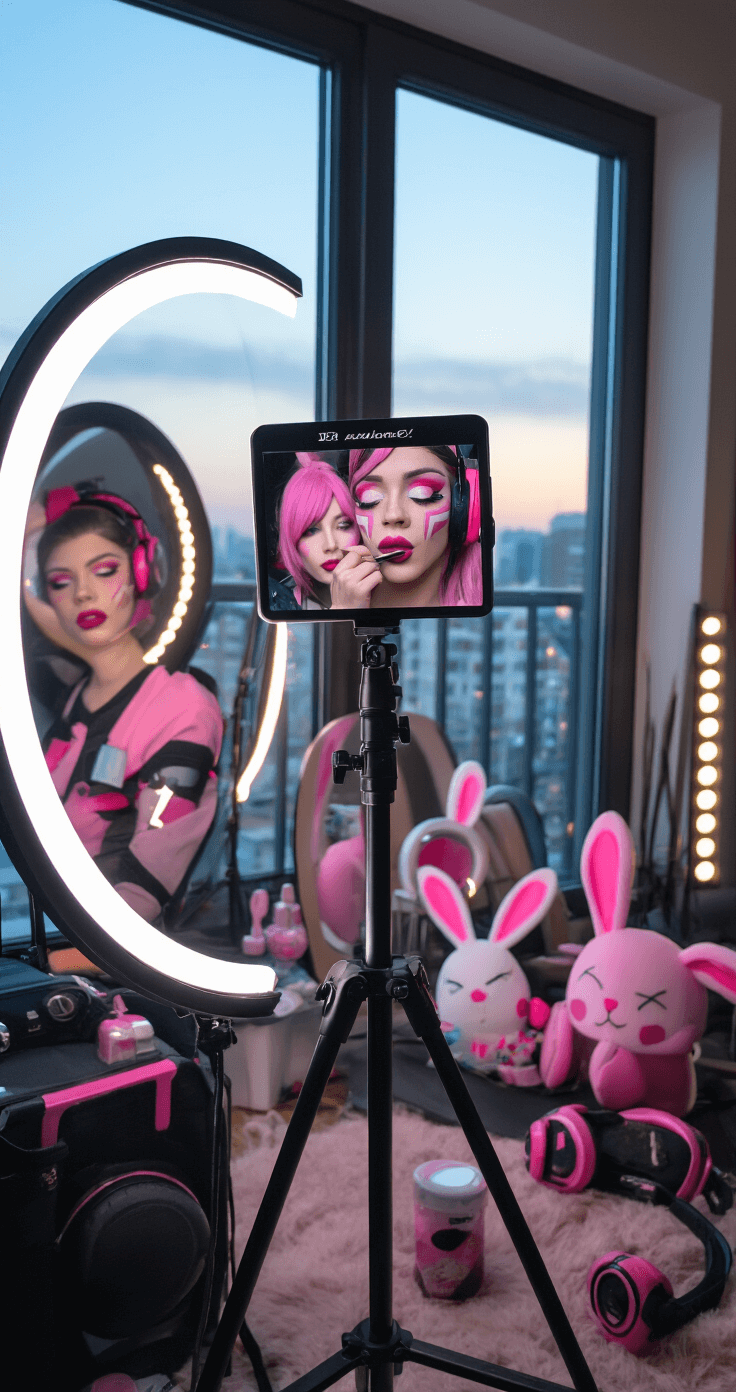 A modern apartment living room featuring a professional ring light setup, capturing a model in D.Va cosplay applying makeup, surrounded by photography equipment, multiple mirrors reflecting her look, and gaming-themed decor.