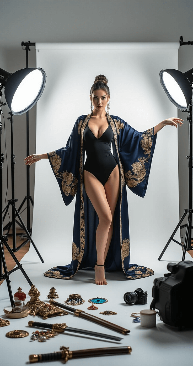 A professional photography studio featuring a female model in a black bodysuit and navy kimono, posing dynamically against a white backdrop, illuminated by ring lights and softboxes. Props like ornate weapon replicas and jewelry are on a styling table, with camera equipment and tripods visible in the background.