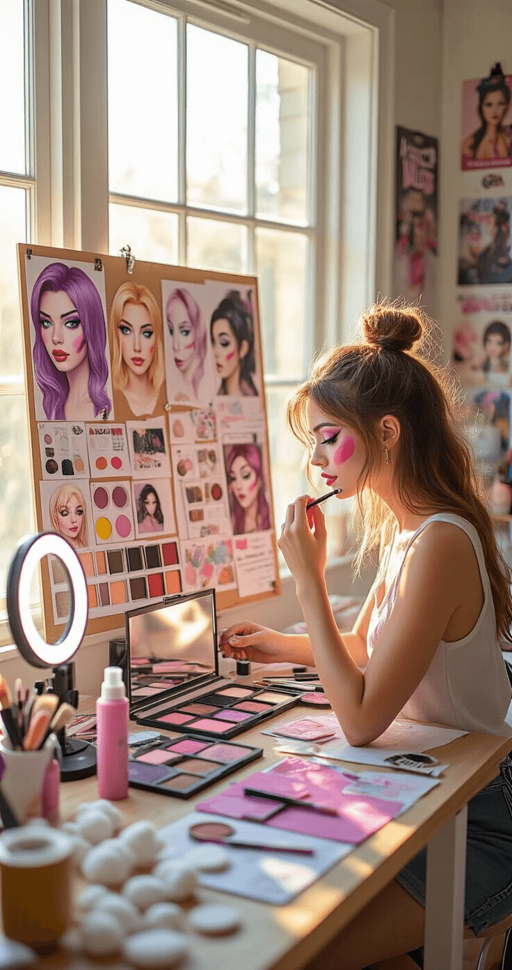 A young woman practicing D.Va makeup in a bright, organized craft room during golden hour, with reference images on a vision board, various makeup attempts on a table, and pink and purple cosmetics scattered around. Natural light illuminates face paint tubes, precision brushes, and a ring light, creating an experimental, artistic atmosphere filled with gaming posters.
